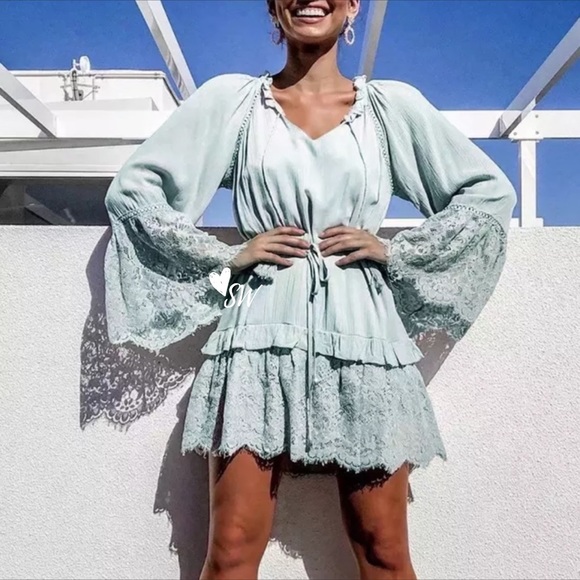 Dresses & Skirts - Lace Bell Sleeve Boho Gypsy Dress Mint Bohemian